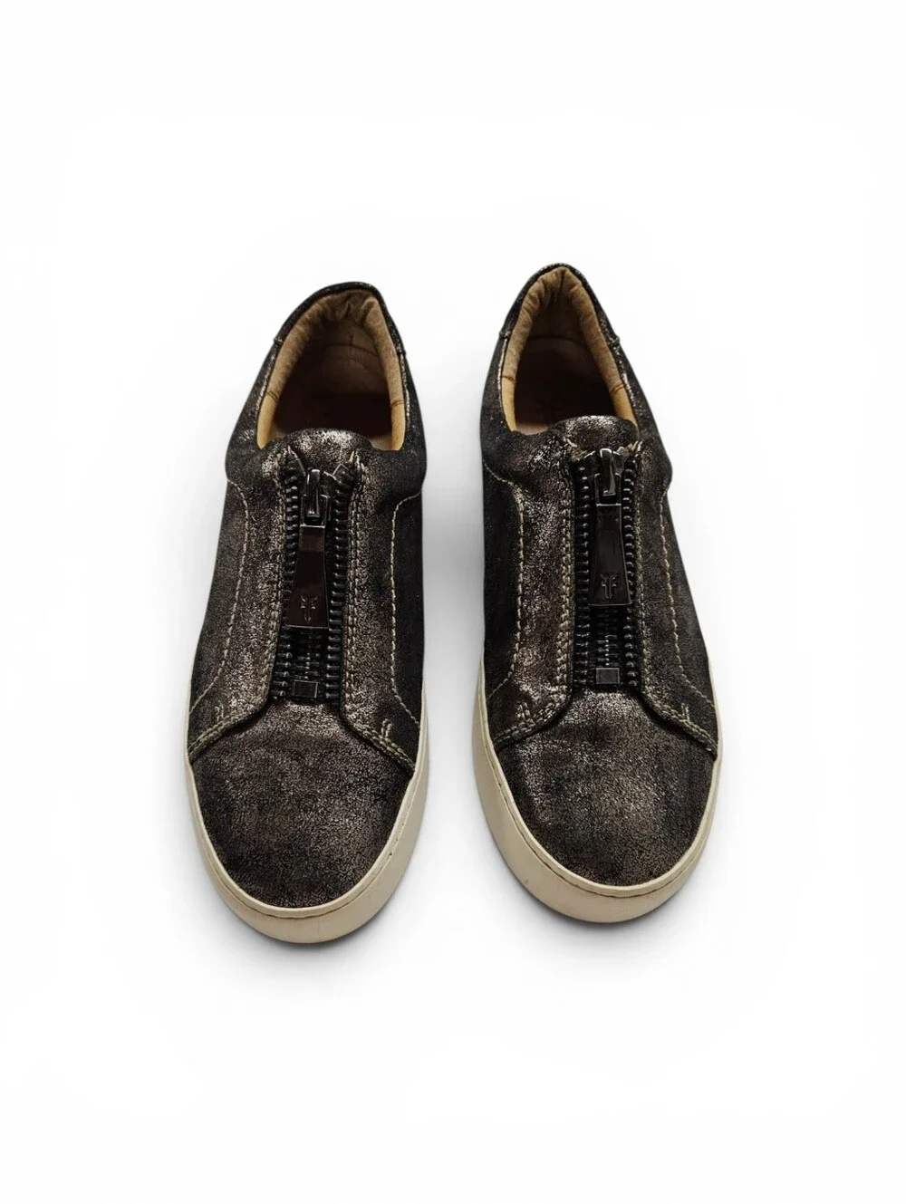 Frye Lena Low Platform Slip-On Leather Sneakers in Pewter And Bronze Size 6.5